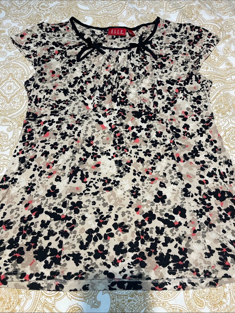 ELLE Beige Floral Short Sleeve Top with Black & Pink Accents